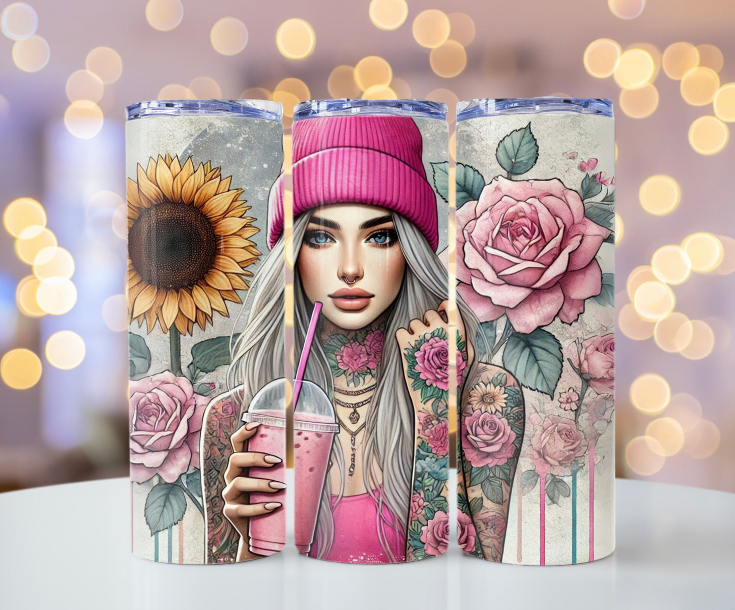 Tattoo Lover’s Floral Tumbler– Inked Sunflower and Roses Design Drinkware - Sippincity