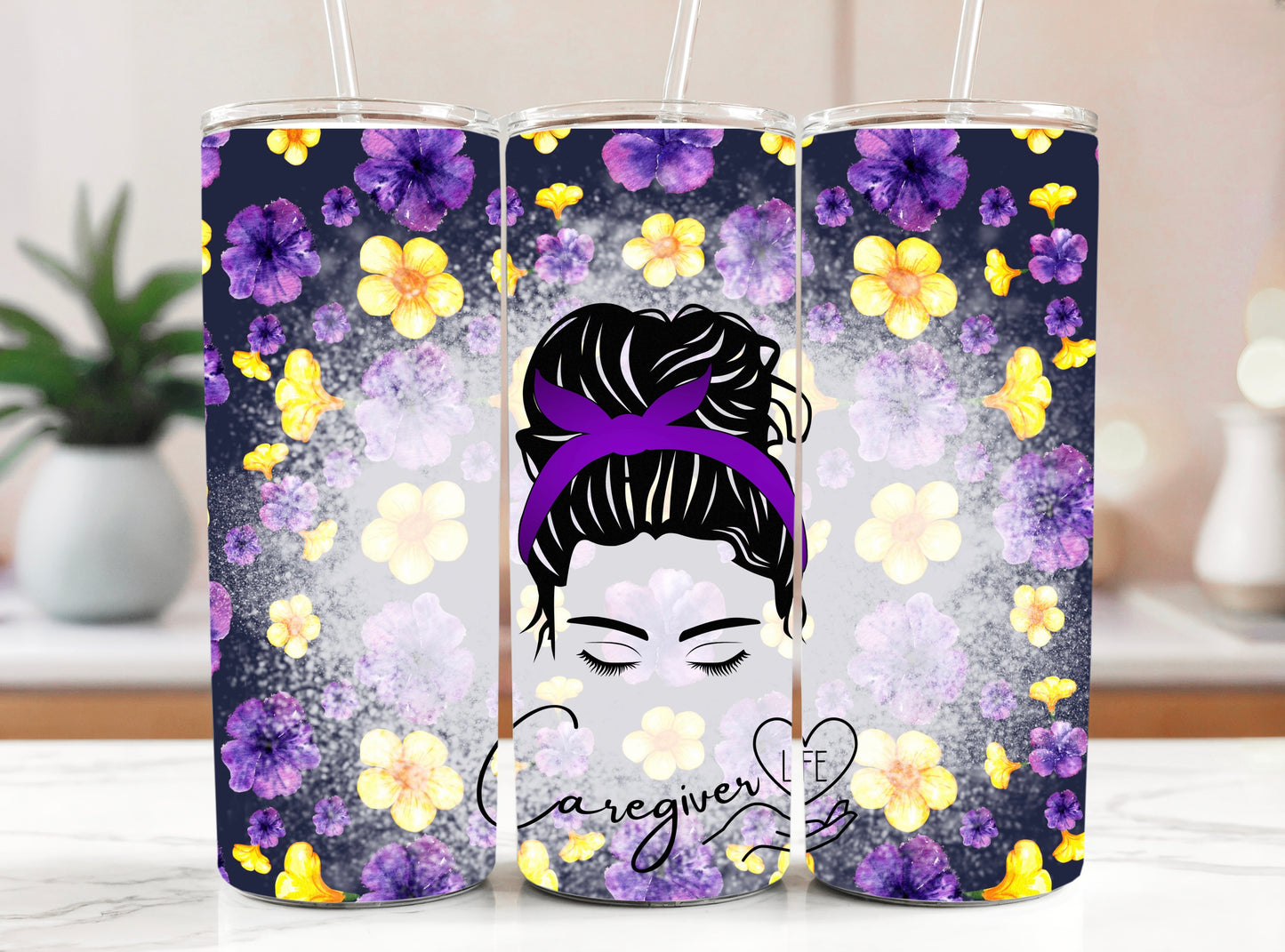 Caregiver Life 20 oz Skinny Tumbler – Messy Bun Design for Long Shifts - Sippincity