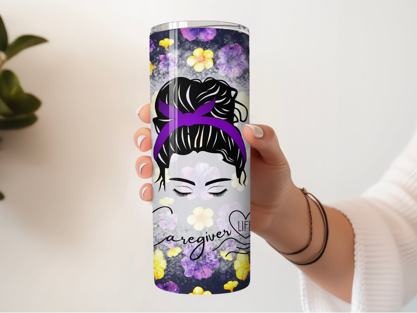 Caregiver Life 20 oz Skinny Tumbler – Messy Bun Design for Long Shifts - Sippincity