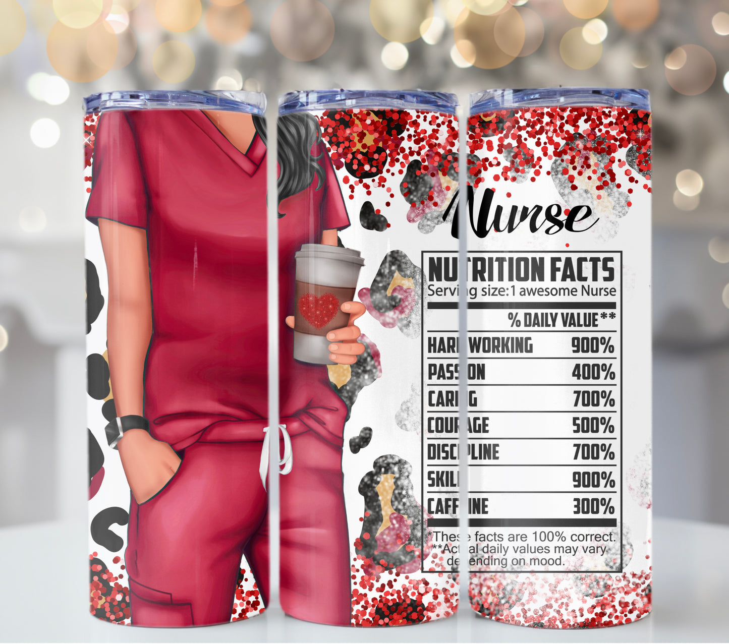 Funny Red Nurse Tumbler – 20 oz Skinny Insulated Cup with Leopard Glitter & Nutritional Facts - Sippincity
