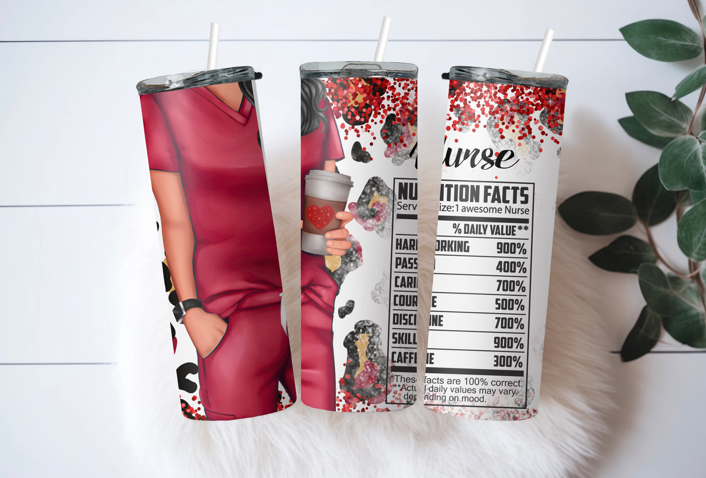 Funny Red Nurse Tumbler – 20 oz Skinny Insulated Cup with Leopard Glitter & Nutritional Facts - Sippincity