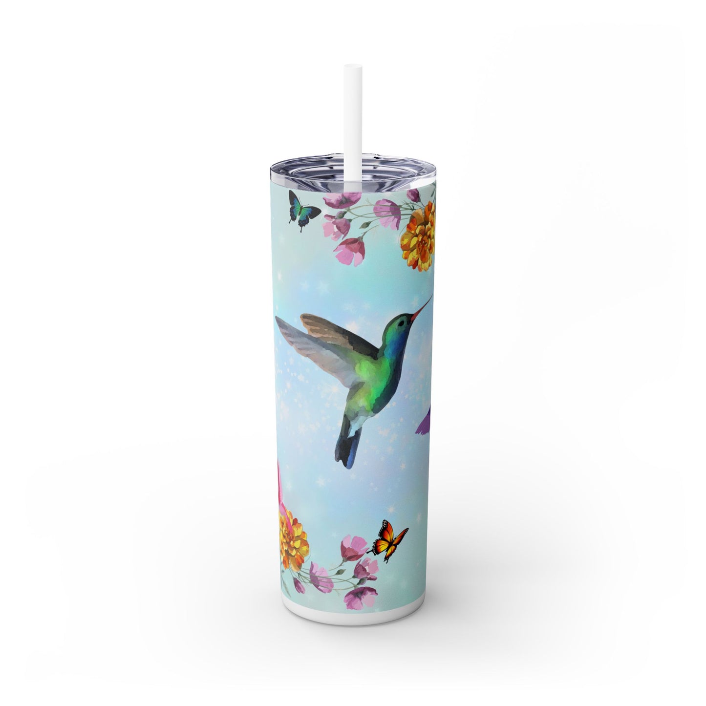 Hummingbird Floral Stainless Steel Skinny Tumbler - Butterfly Design - Sippincity