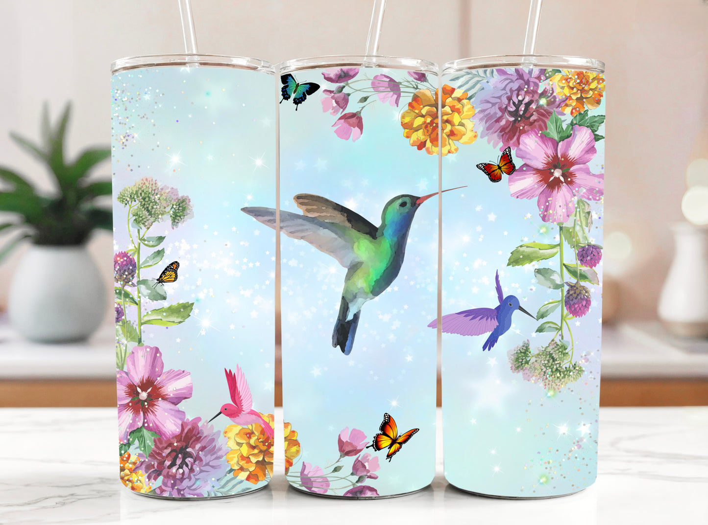 Hummingbird Floral Stainless Steel Skinny Tumbler - Butterfly Design - Sippincity