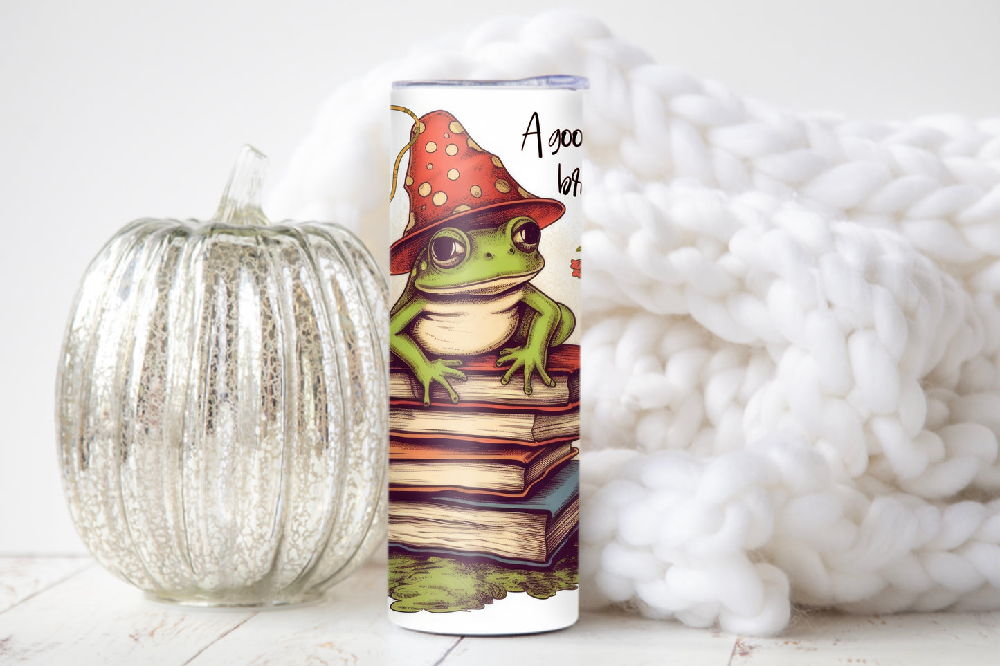 Cozy Frog Book Stack Coffee Tumbler – 20 oz Skinny Cup for Bookworms - Sippincity