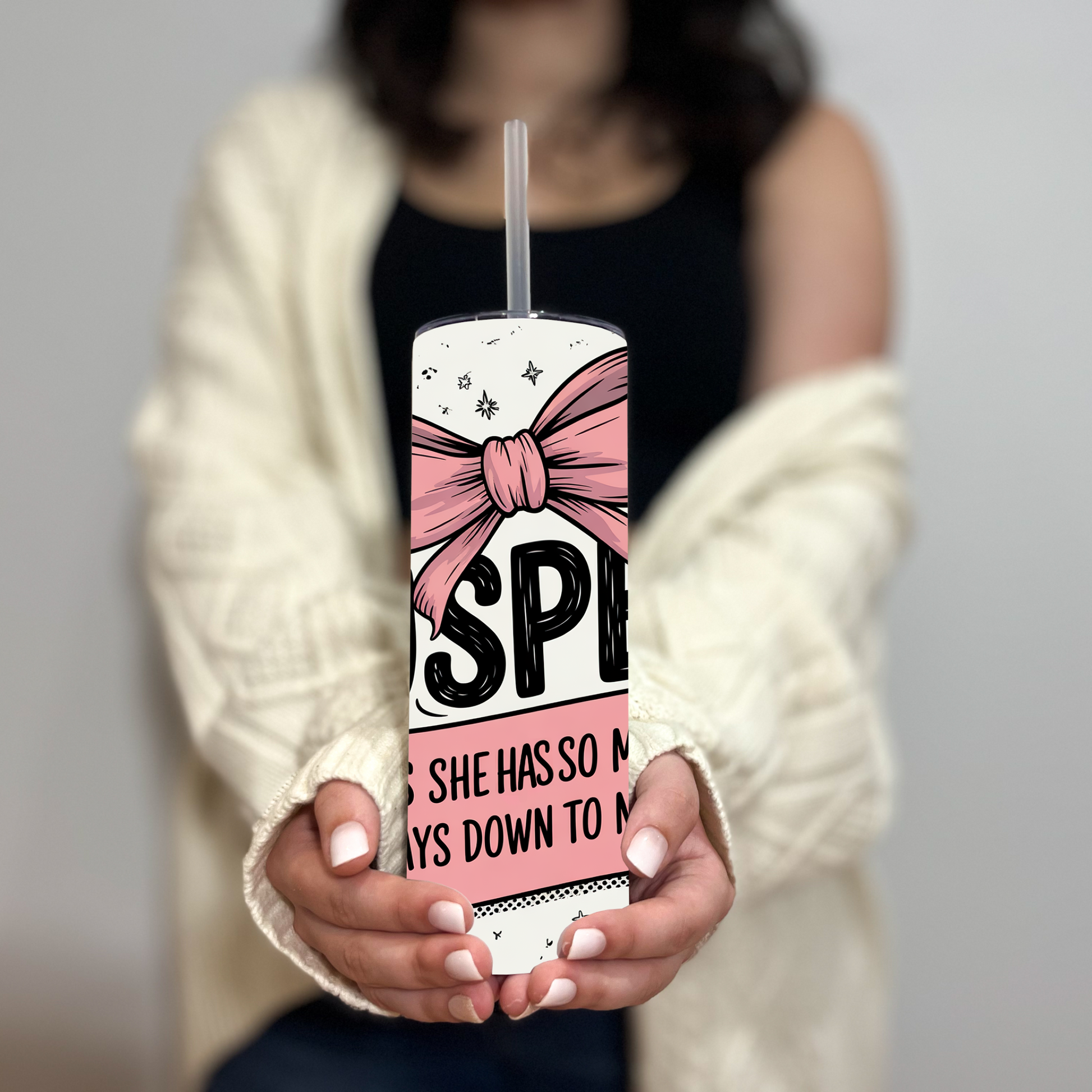 Close-up of funny nap-themed mom tumbler with reusable straw and spill-proof lid