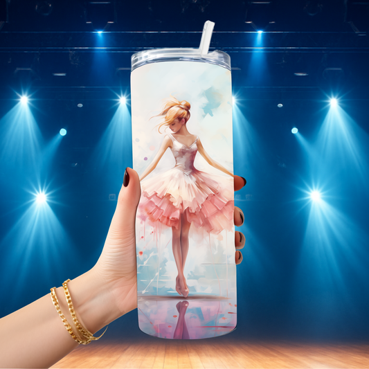 3D ballerina detail on 20 oz skinny stainless steel tumbler