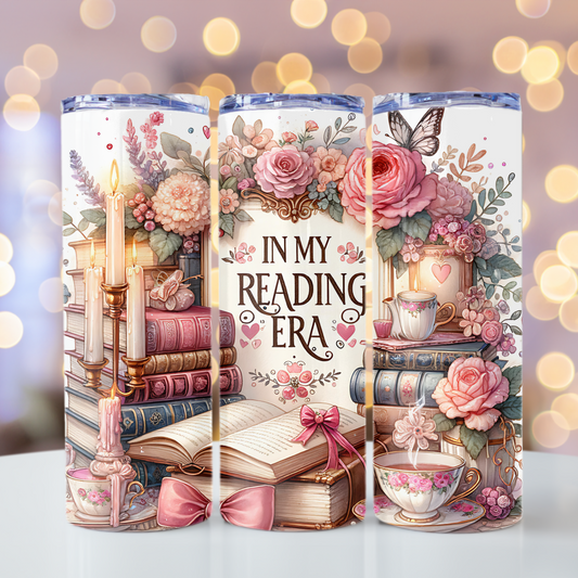20 oz skinny tumbler with books, candles, and florals – In My Reading Era design