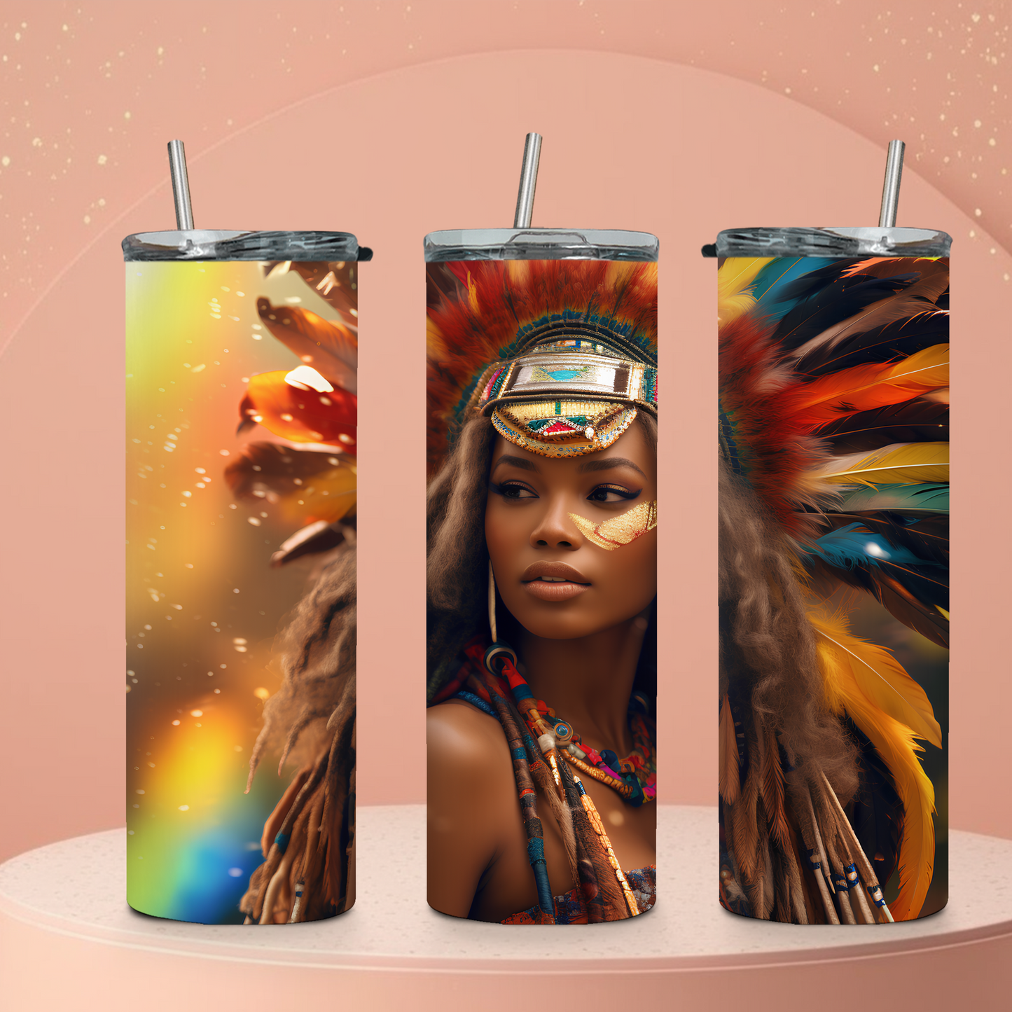 Tribal feather crown artwork on 20 oz insulated tumbler