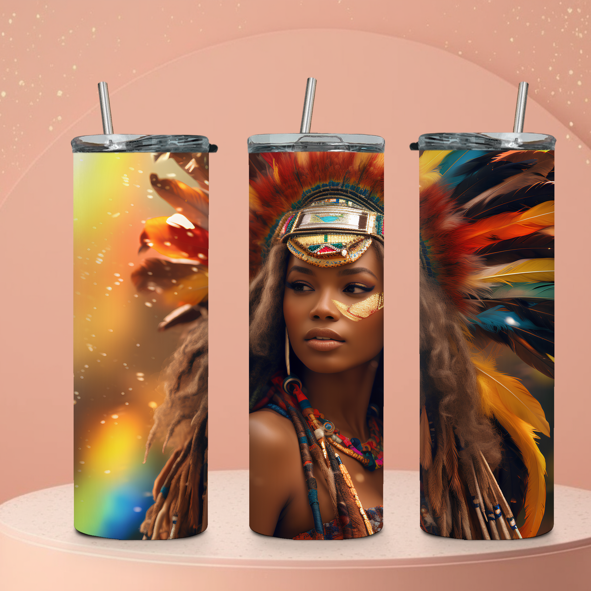 Tribal feather crown artwork on 20 oz insulated tumbler