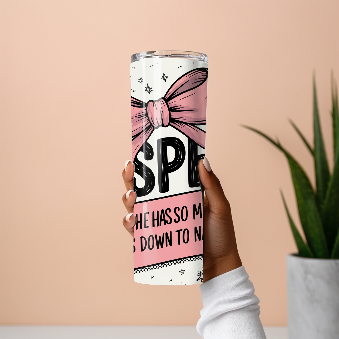 Skinny stainless steel tumbler with sarcastic mom quote and bow illustration, 20 oz size