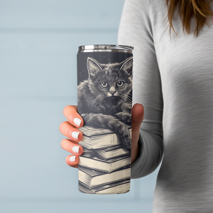 Stack of Books Cat Tumbler – Cute Reading Cat Mug - Sippincity
