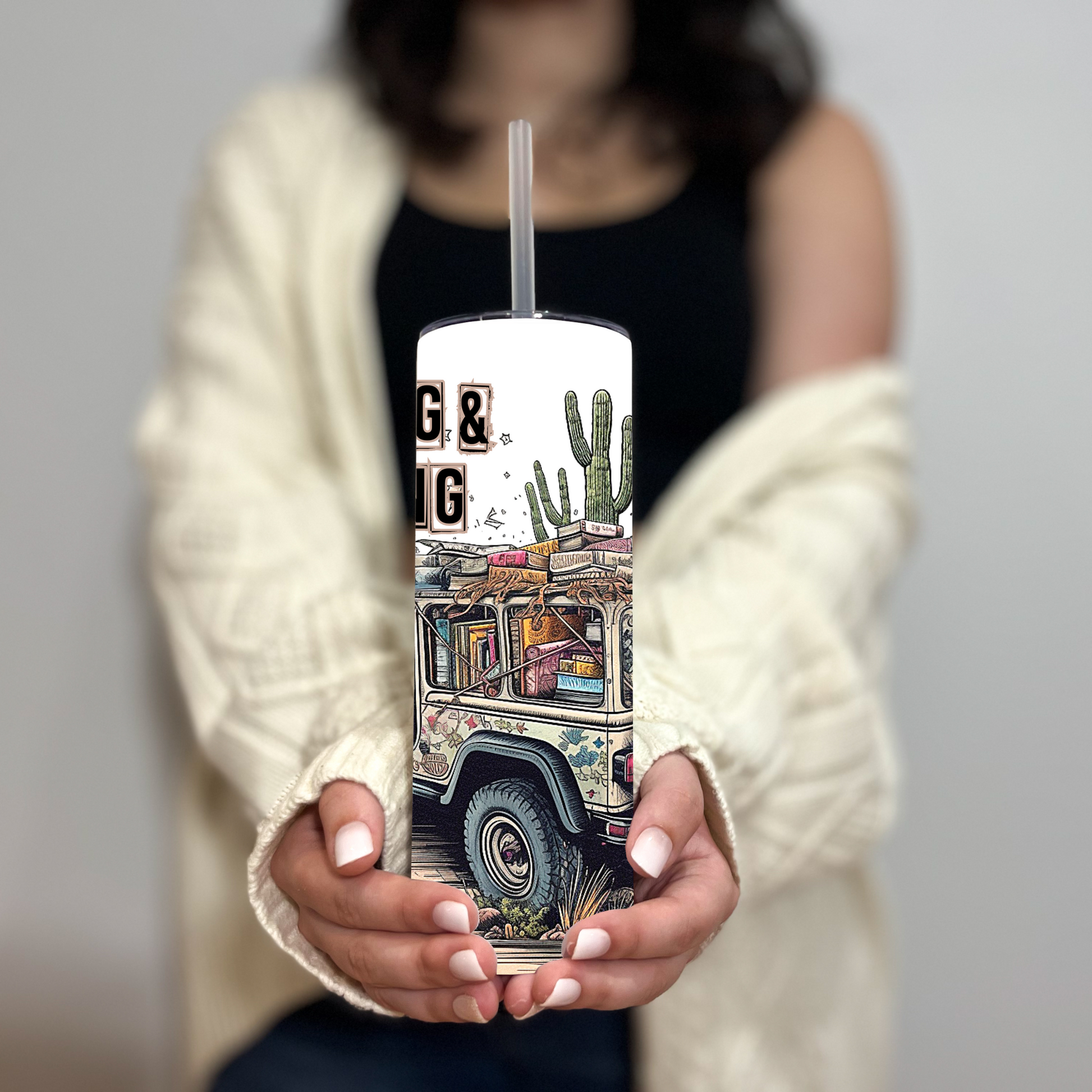Boho aesthetic tumbler with vintage vehicle and open road vibes