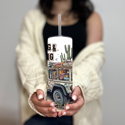 Boho aesthetic tumbler with vintage vehicle and open road vibes