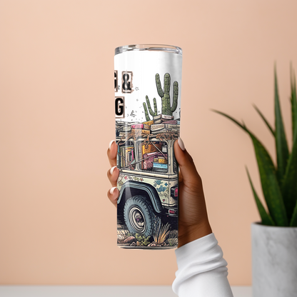 Adventure-themed tumbler featuring stacked books and cactus artwork