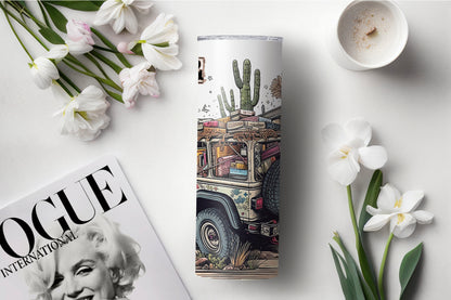 Boho aesthetic tumbler with vintage vehicle and open road vibes