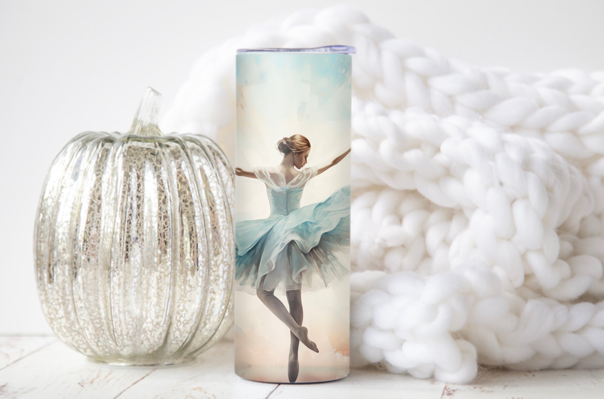 Dance-inspired tumbler gift for ballet lovers
Feminine and elegant ballet tumbler on stage backdrop