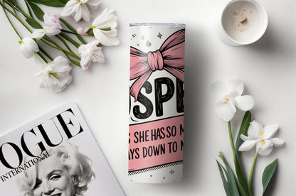 Cute and sassy 20 oz tumbler with bold “Suspect” design and pink bow detail