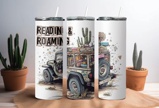 20oz Reading and Roaming skinny tumbler with desert and books design