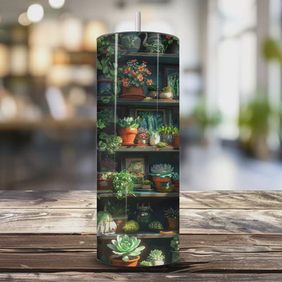 Eco-friendly stainless steel tumbler with books, coffee, and plants print – perfect for iced coffee