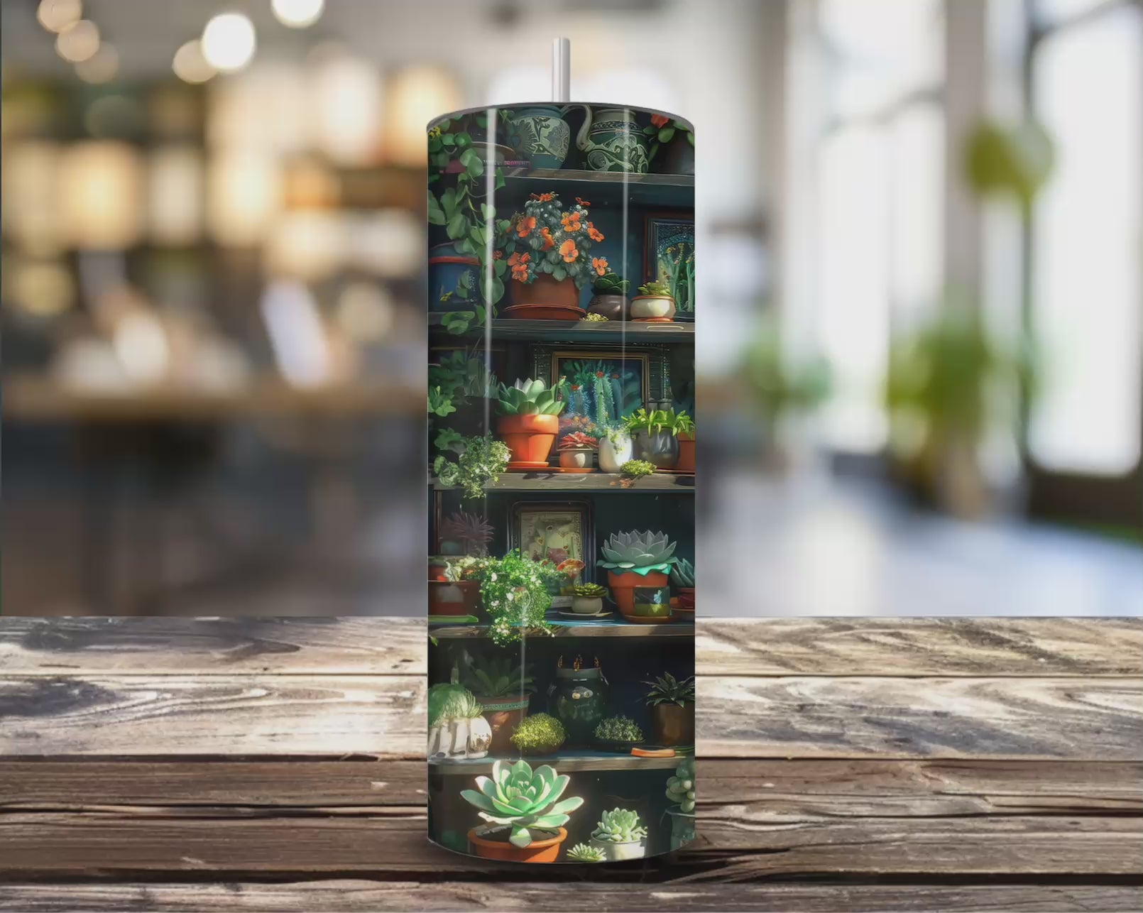Eco-friendly stainless steel tumbler with books, coffee, and plants print – perfect for iced coffee