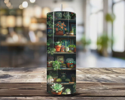 Eco-friendly stainless steel tumbler with books, coffee, and plants print – perfect for iced coffee