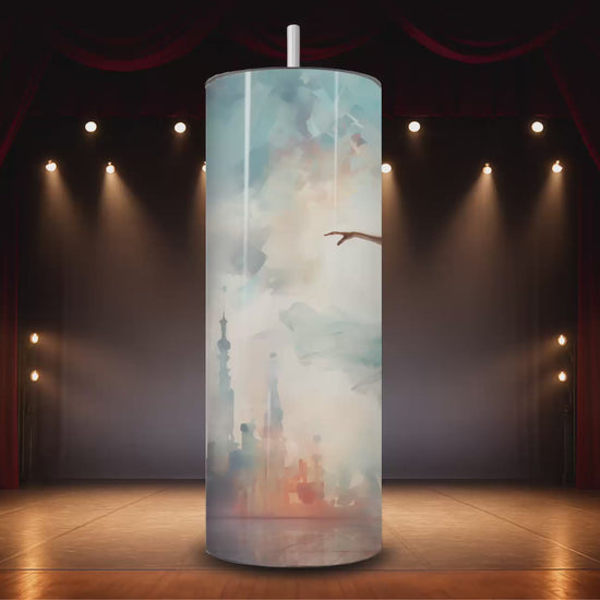 20 oz tumbler with soft pastel ballerina artwork
Close-up of ballerina tumbler in a spotlight-inspired setting Video