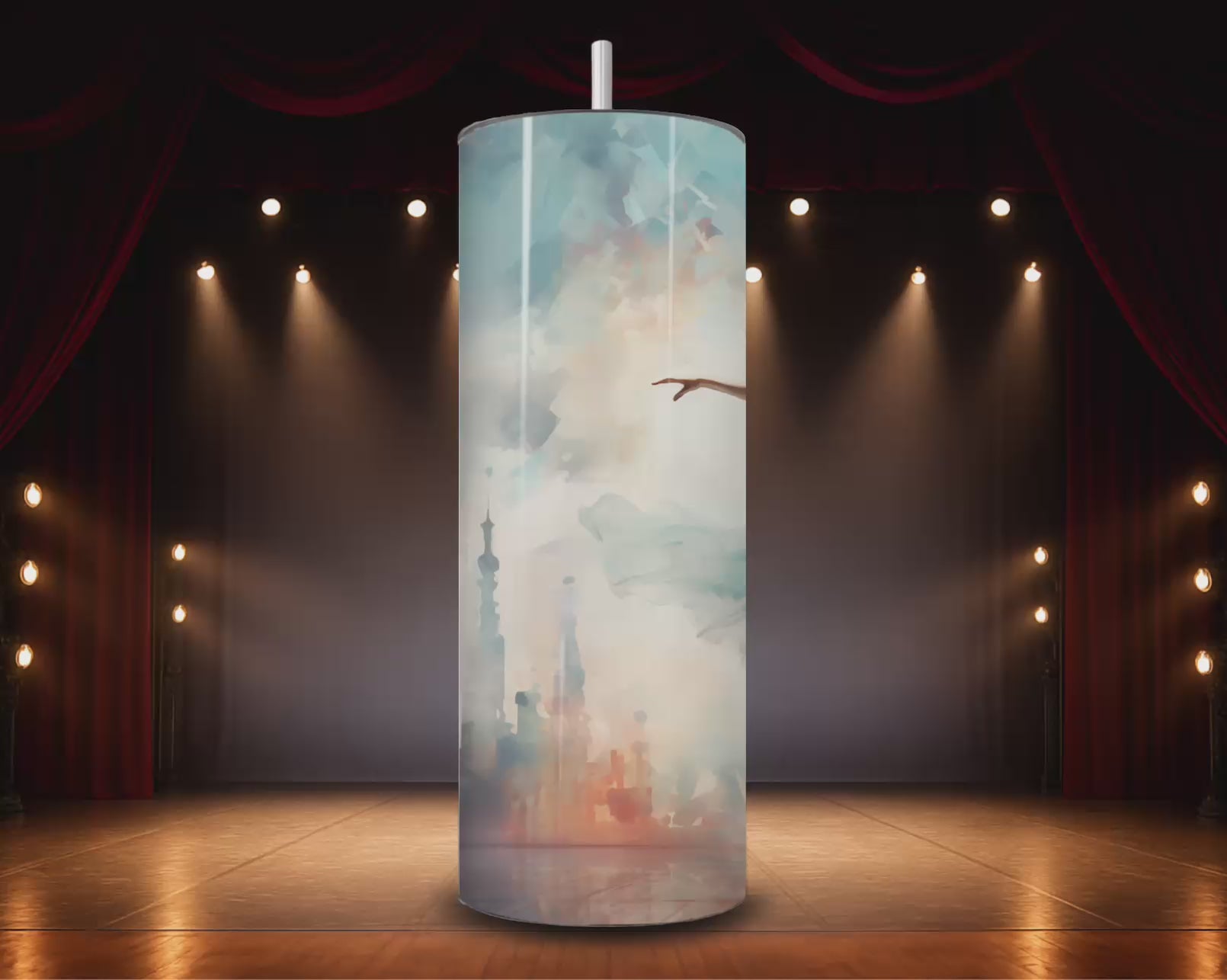 20 oz tumbler with soft pastel ballerina artwork
Close-up of ballerina tumbler in a spotlight-inspired setting Video