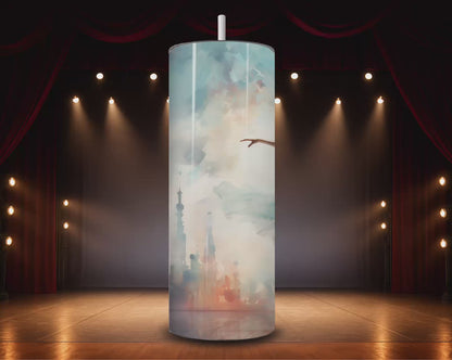 20 oz tumbler with soft pastel ballerina artwork
Close-up of ballerina tumbler in a spotlight-inspired setting Video