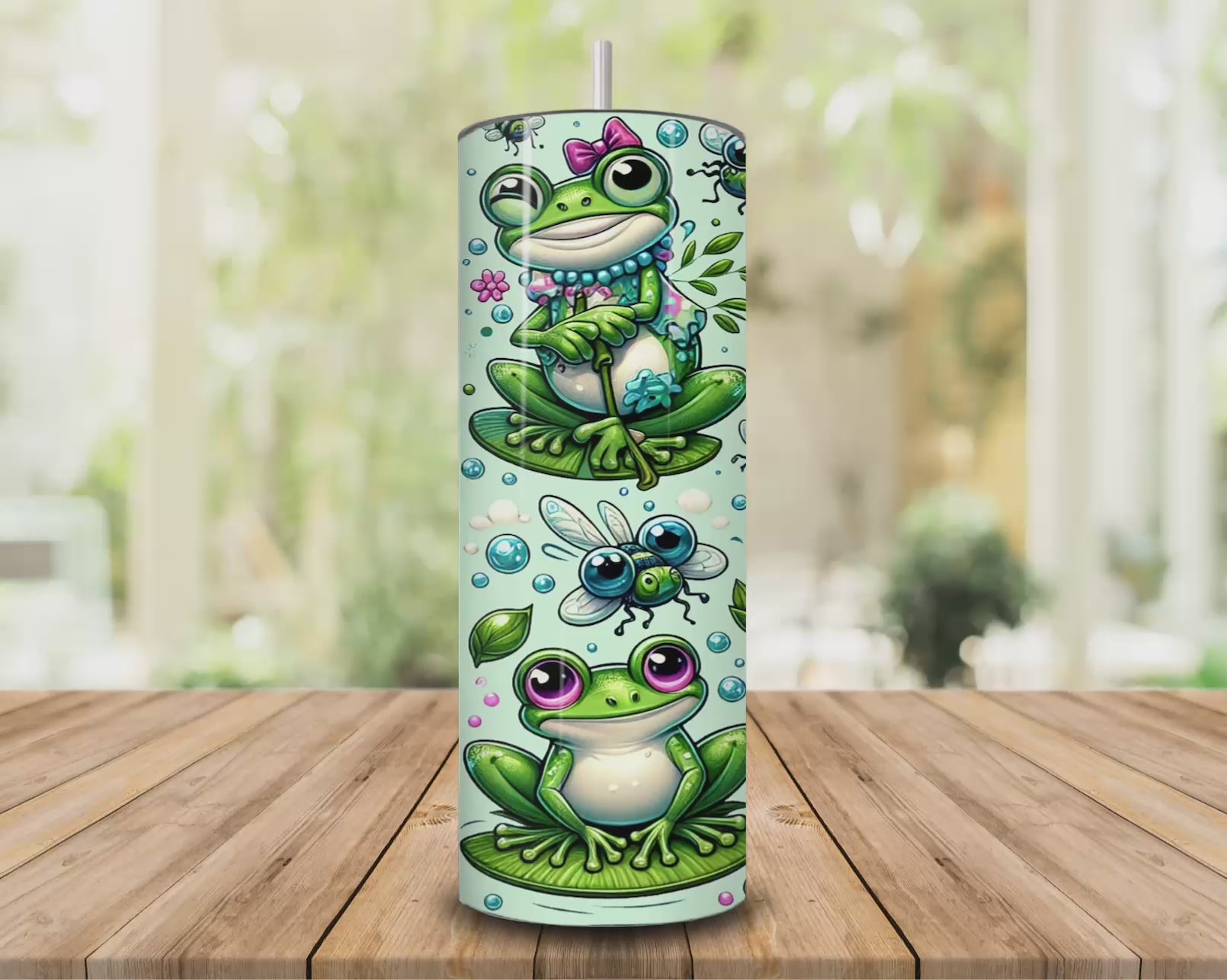 Adorable froggy-themed stainless steel skinny tumbler for cold drinks-video