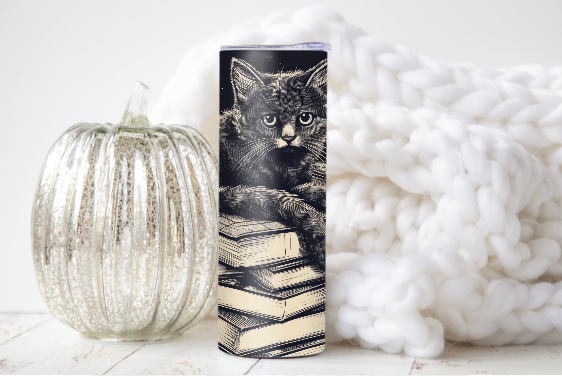 Stack of Books Cat Tumbler – Cute Reading Cat Mug - Sippincity