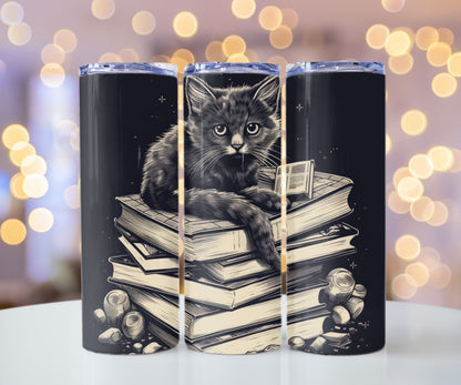 Stack of Books Cat Tumbler – Cute Reading Cat Mug - Sippincity