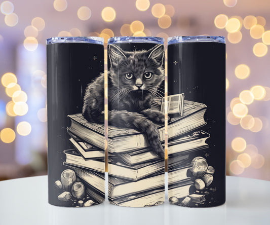 Stack of Books Cat Tumbler – Cute Reading Cat Mug - Sippincity