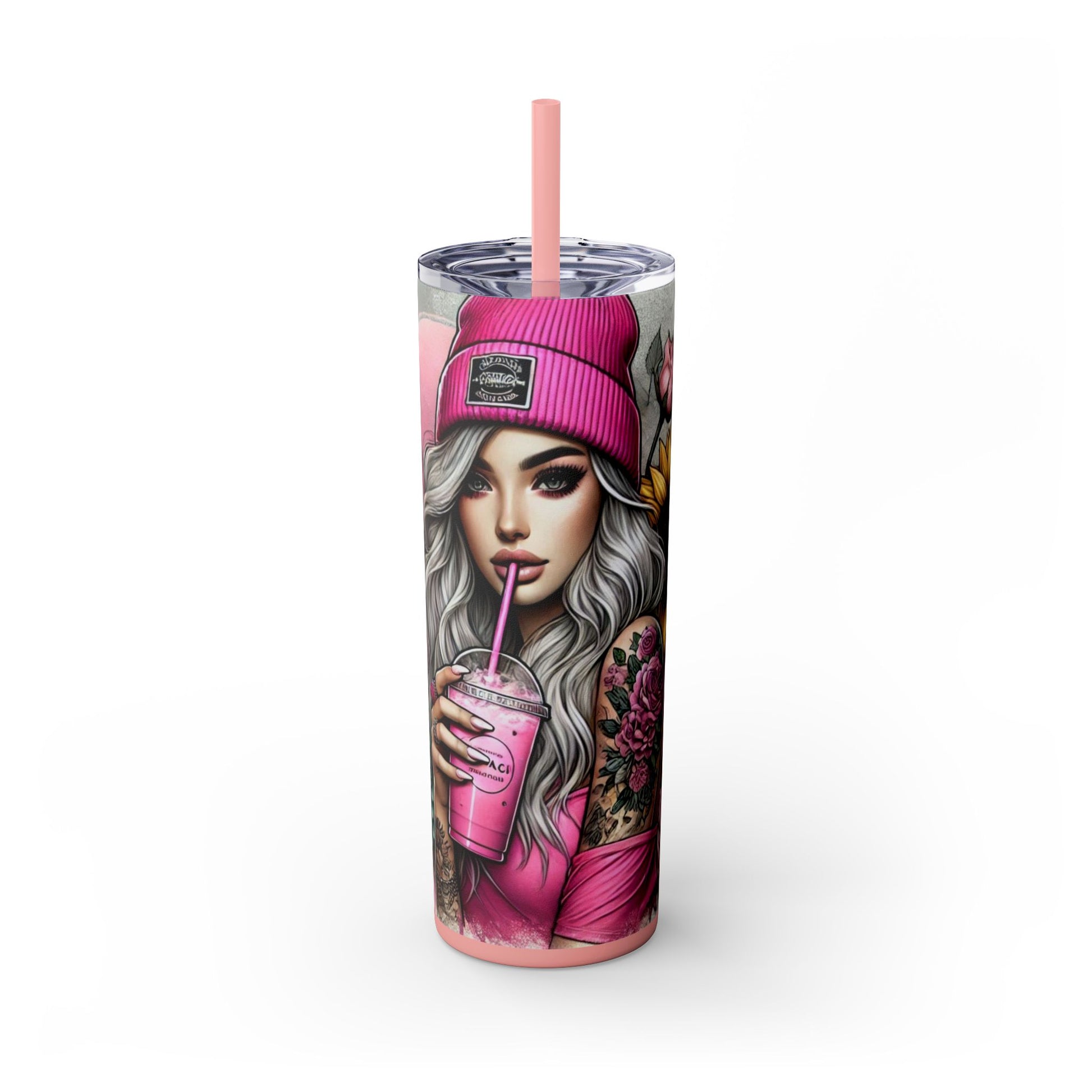 Sunflower & Roses Tattoo Tumbler for Her - Aesthetic Pink Drinkware 20 oz - Sippincity