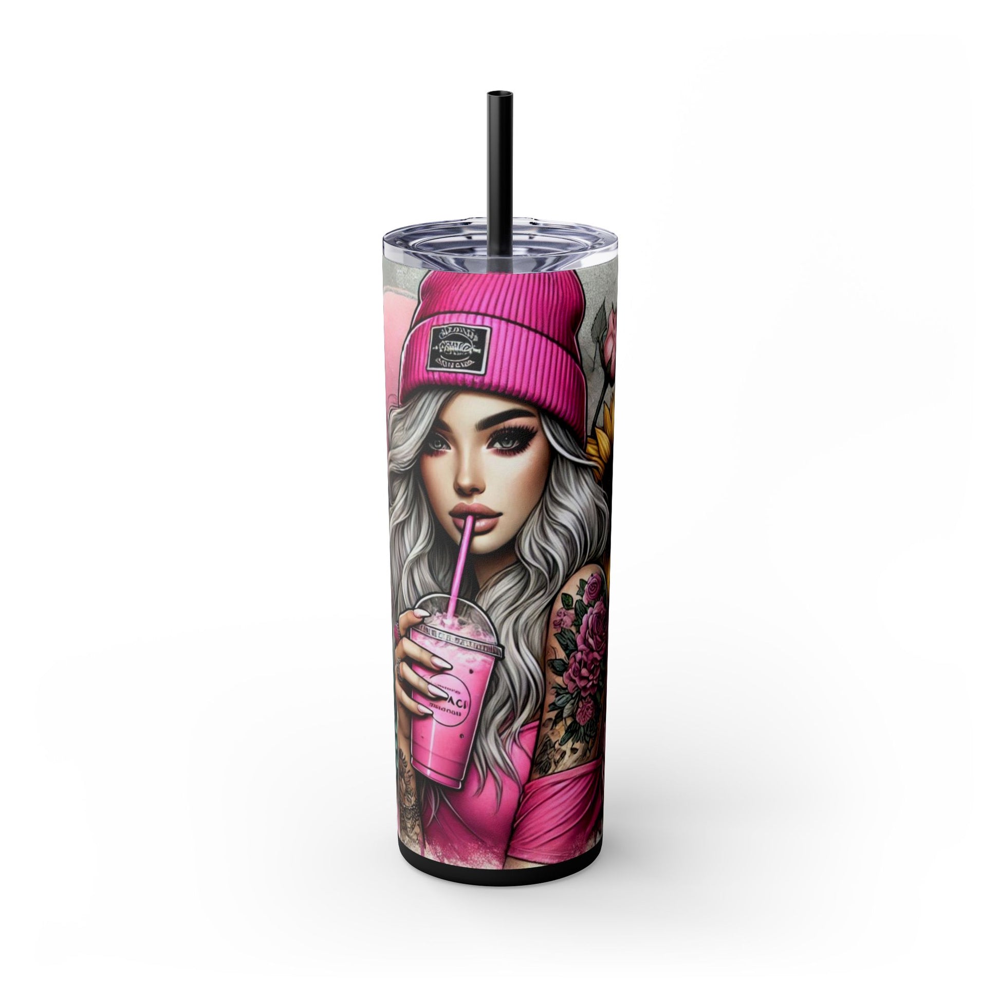 Sunflower & Roses Tattoo Tumbler for Her - Aesthetic Pink Drinkware 20 oz - Sippincity