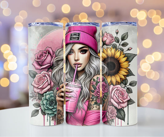 Sunflower & Roses Tattoo Tumbler for Her - Aesthetic Pink Drinkware 20 oz - Sippincity
