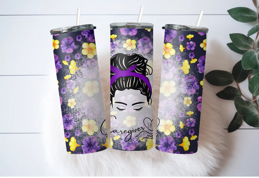 Caregiver Life 20 oz Skinny Tumbler – Messy Bun Design for Long Shifts - Sippincity