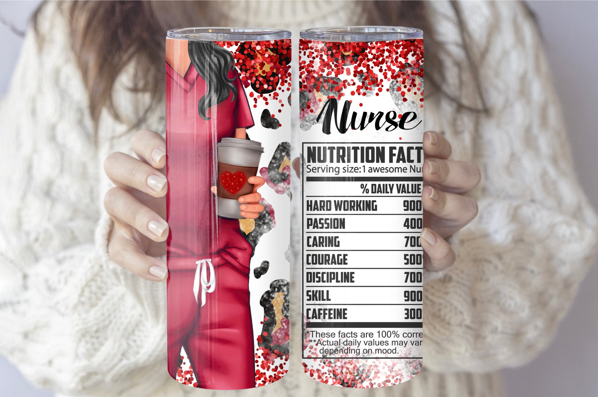 Funny Red Nurse Tumbler – 20 oz Skinny Insulated Cup with Leopard Glitter & Nutritional Facts - Sippincity