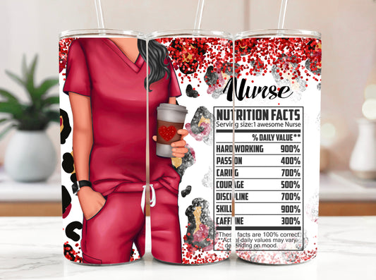 Funny Red Nurse Tumbler – 20 oz Skinny Insulated Cup with Leopard Glitter & Nutritional Facts - Sippincity