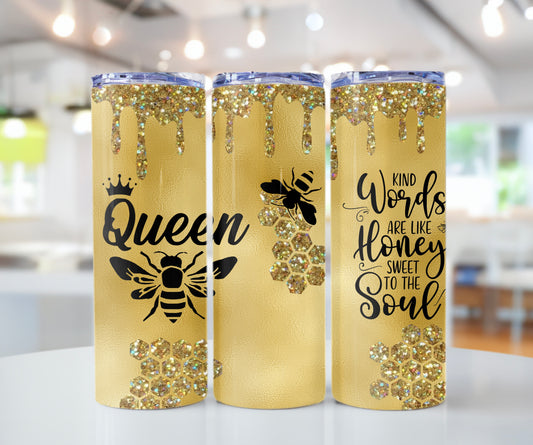 Gold Drip Bee Tumbler with Inspirational Quote - Kind Words Like Honey - Sippincity