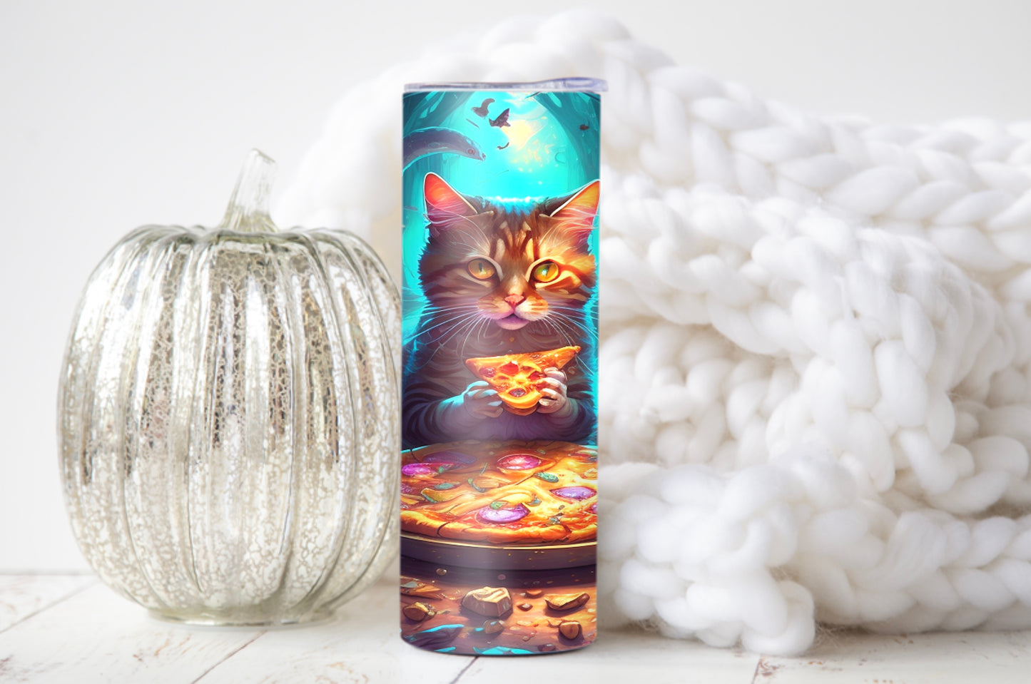 Whimsical Cat Eating Pizza Tumbler – Psychedelic Mushroom Drinkware - Sippincity