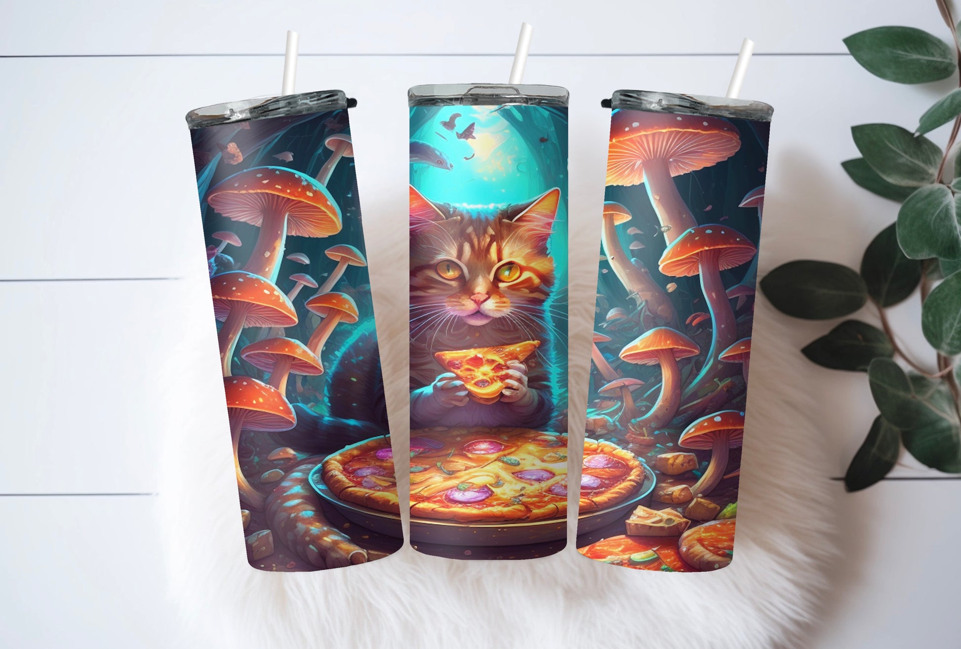 Whimsical Cat Eating Pizza Tumbler – Psychedelic Mushroom Drinkware - Sippincity