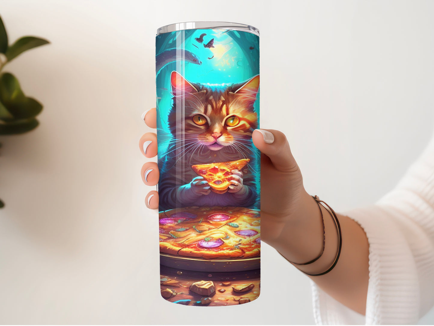 Whimsical Cat Eating Pizza Tumbler – Psychedelic Mushroom Drinkware - Sippincity