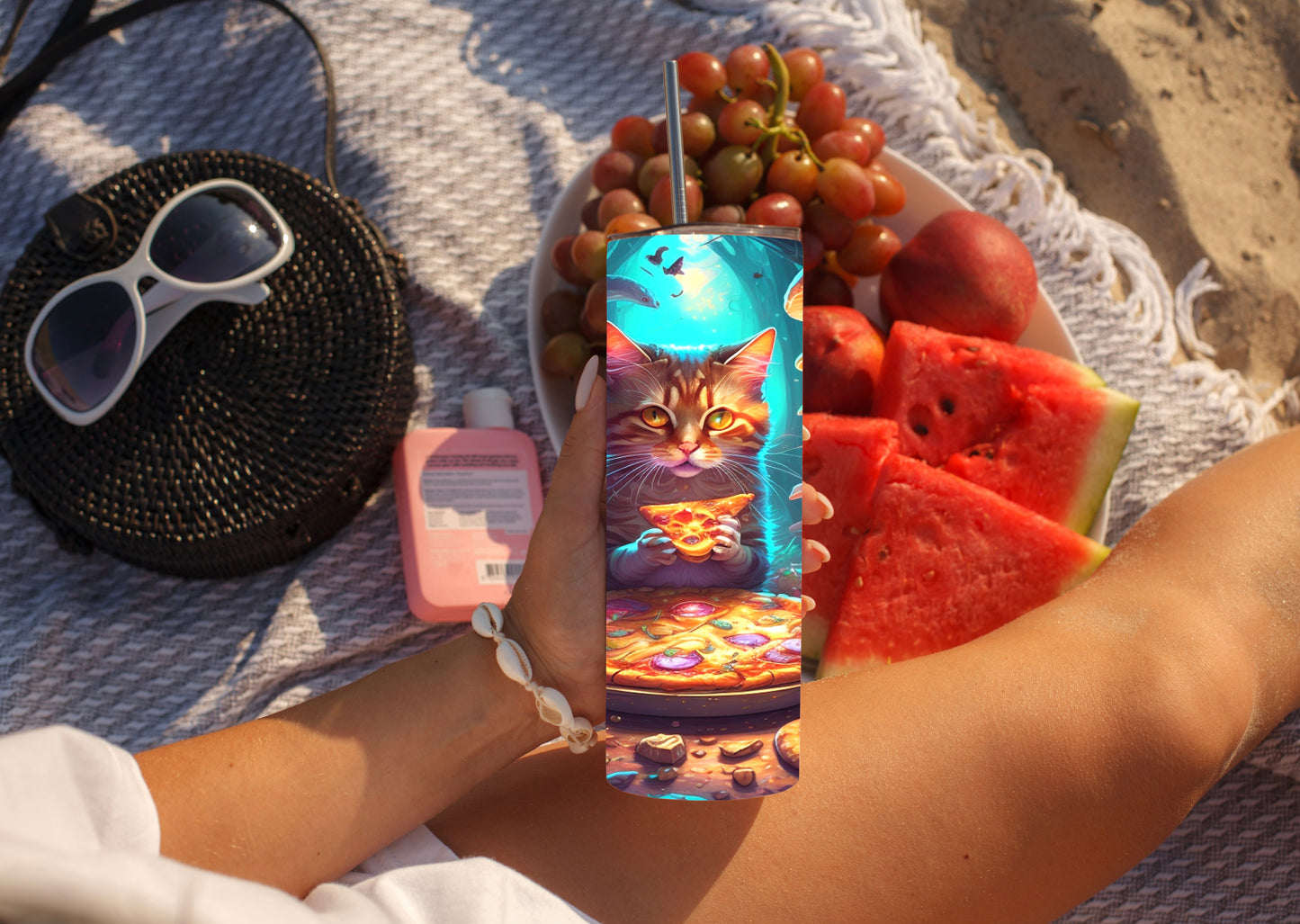 Whimsical Cat Eating Pizza Tumbler – Psychedelic Mushroom Drinkware - Sippincity