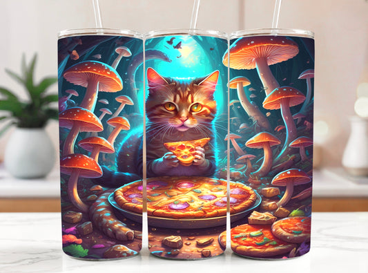 Whimsical Cat Eating Pizza Tumbler – Psychedelic Mushroom Drinkware - Sippincity