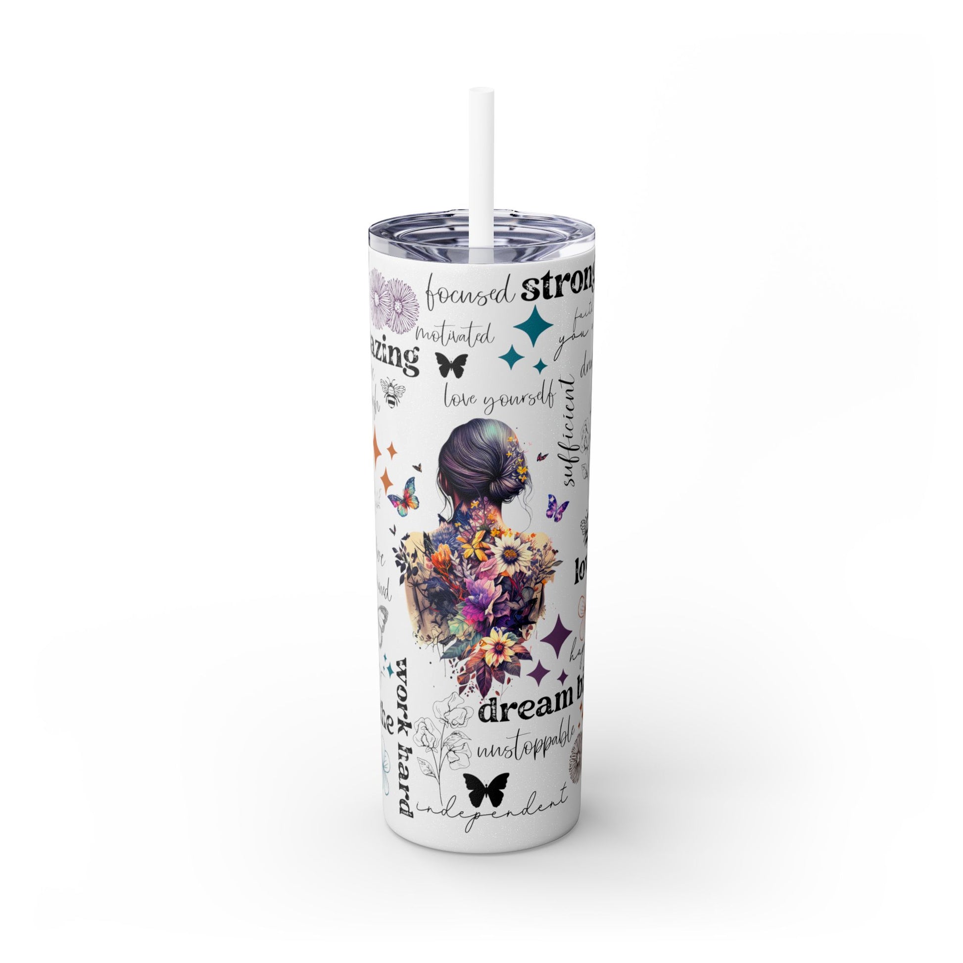 Positive Affirmation 20 oz Skinny Tumbler – Inspirational Butterfly Insulated Cup for Motivation & Self-Care - Sippincity