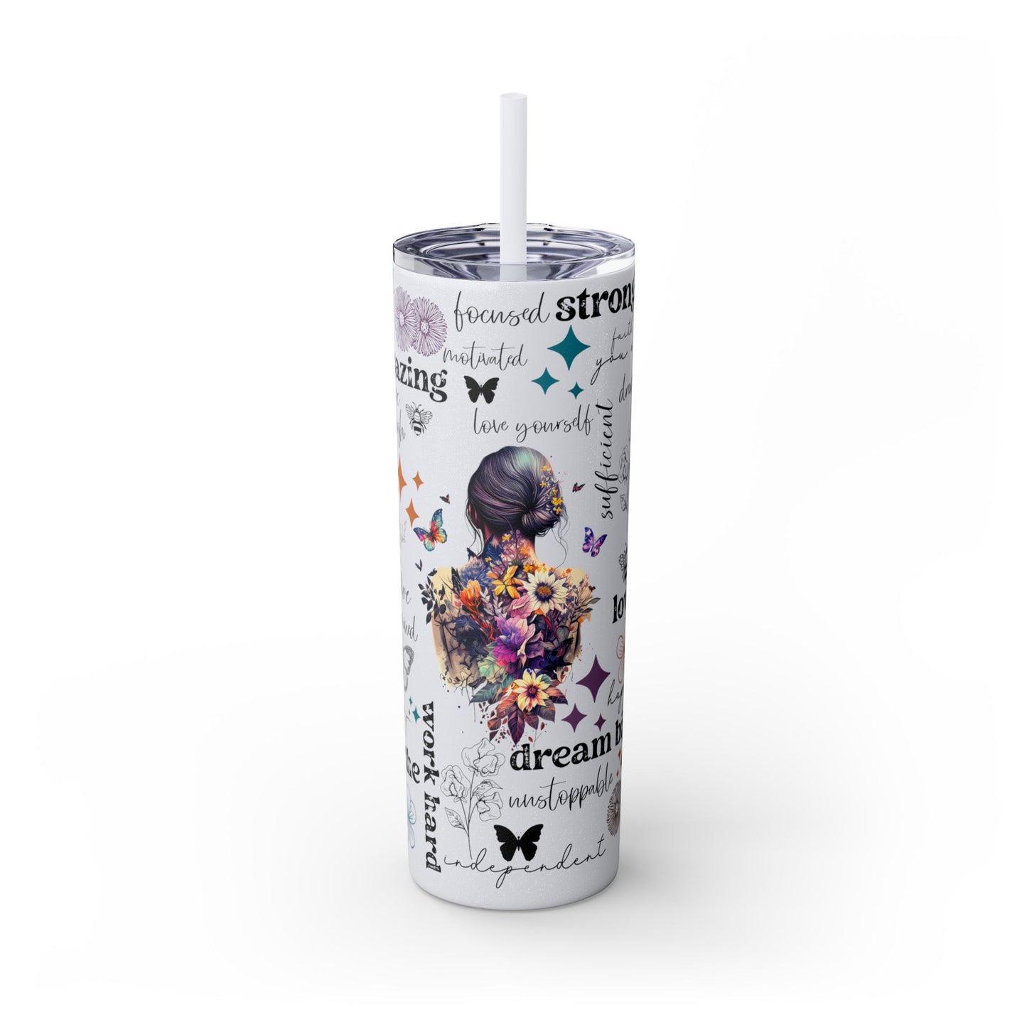 Positive Affirmation 20 oz Skinny Tumbler – Inspirational Butterfly Insulated Cup for Motivation & Self-Care - Sippincity