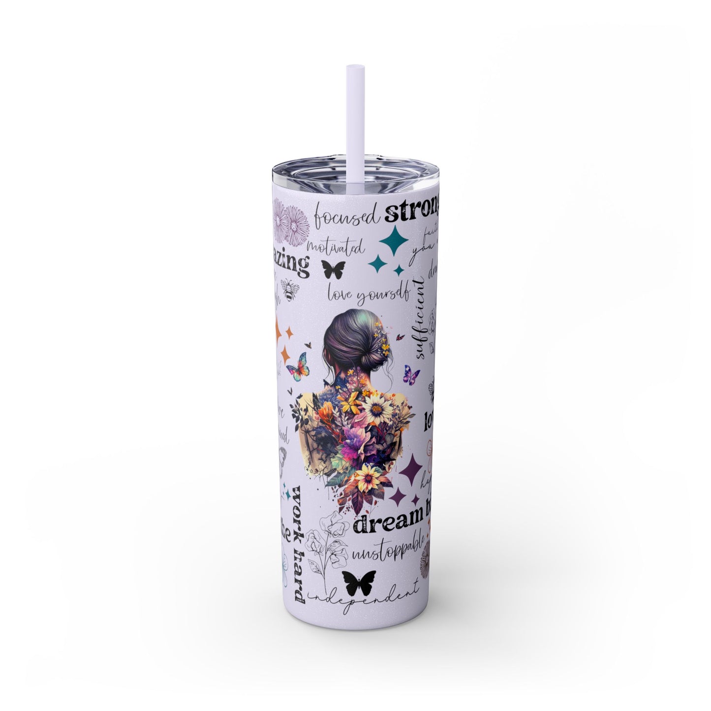 Positive Affirmation 20 oz Skinny Tumbler – Inspirational Butterfly Insulated Cup for Motivation & Self-Care - Sippincity