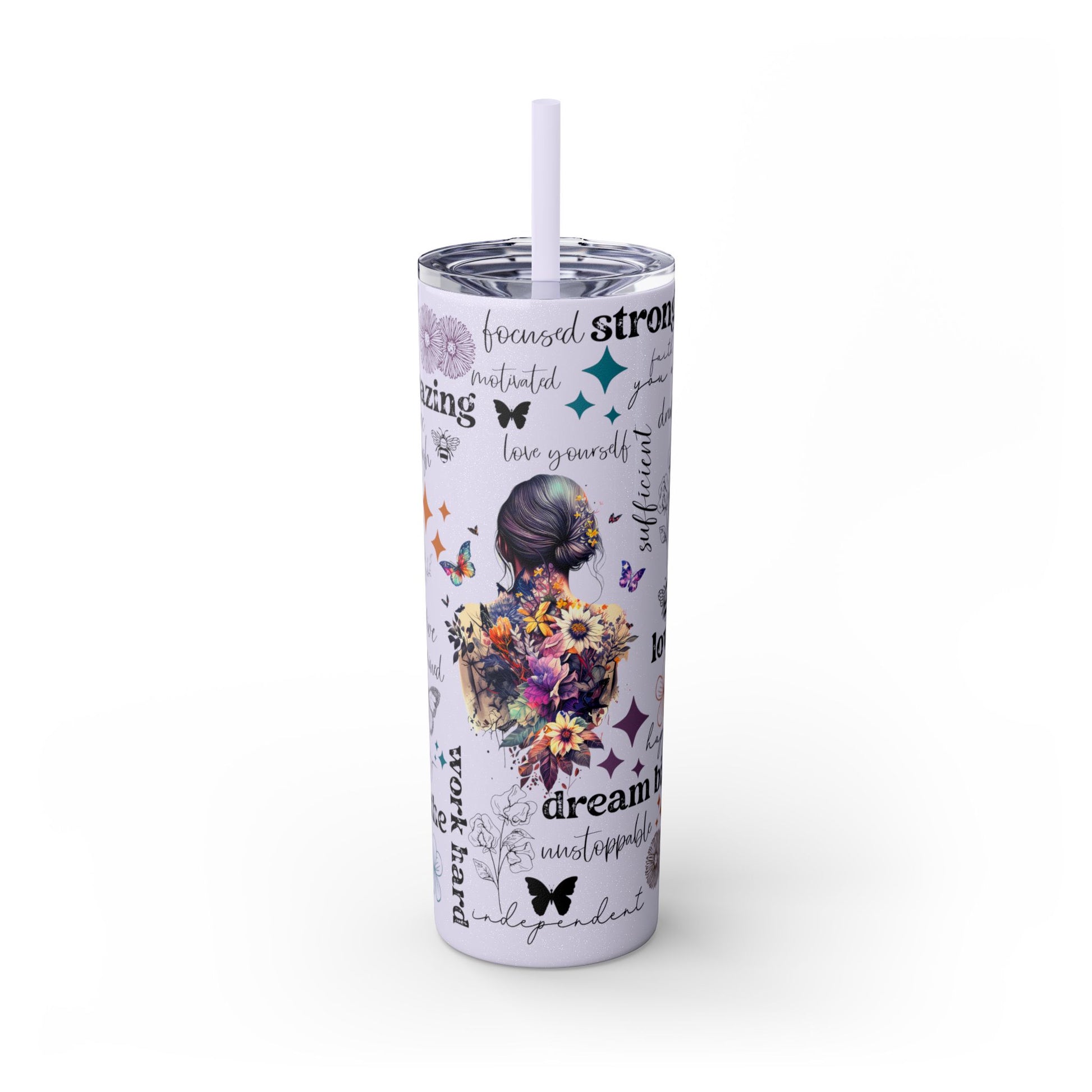 Positive Affirmation 20 oz Skinny Tumbler – Inspirational Butterfly Insulated Cup for Motivation & Self-Care - Sippincity