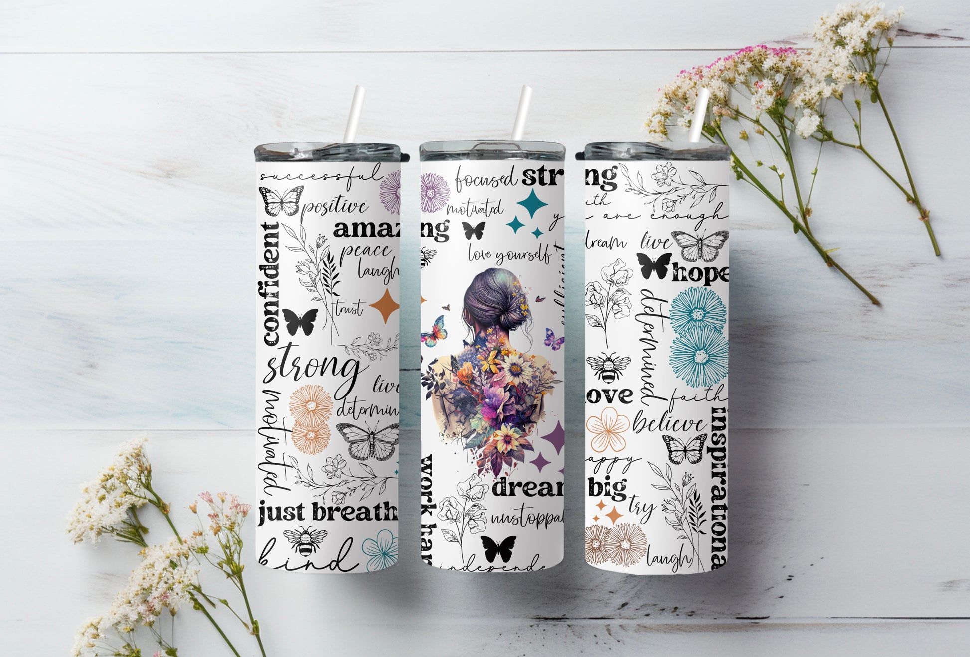 Positive Affirmation 20 oz Skinny Tumbler – Inspirational Butterfly Insulated Cup for Motivation & Self-Care - Sippincity