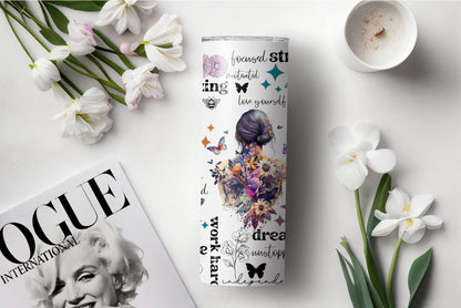 Positive Affirmation 20 oz Skinny Tumbler – Inspirational Butterfly Insulated Cup for Motivation & Self-Care - Sippincity